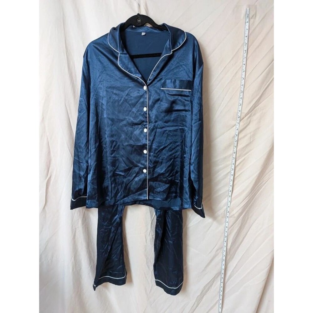 Navy Blue Satin Long Sleeve Pajama Set with White Piping - 2XL A011